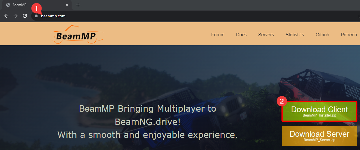 BeamMP website, with Download Client button highlighted